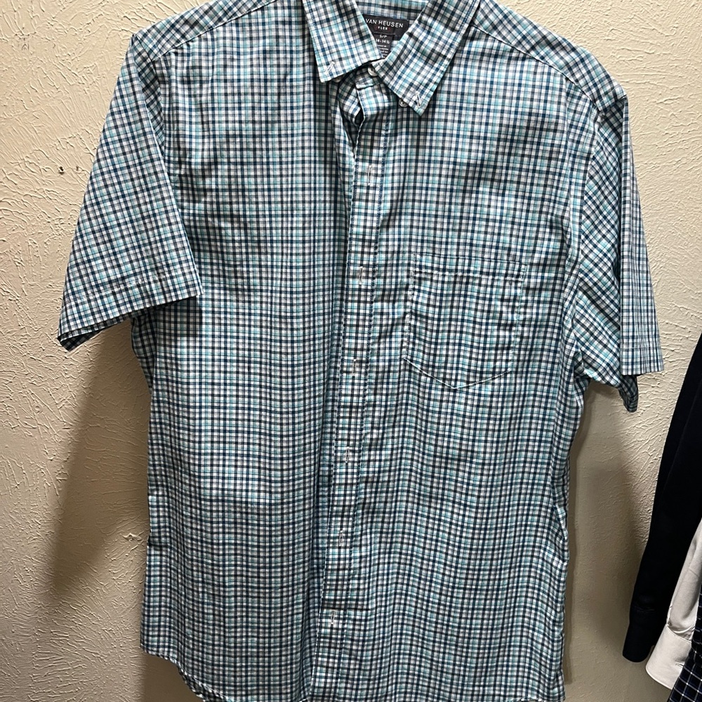 Men's Blue and White Plaid Shirt